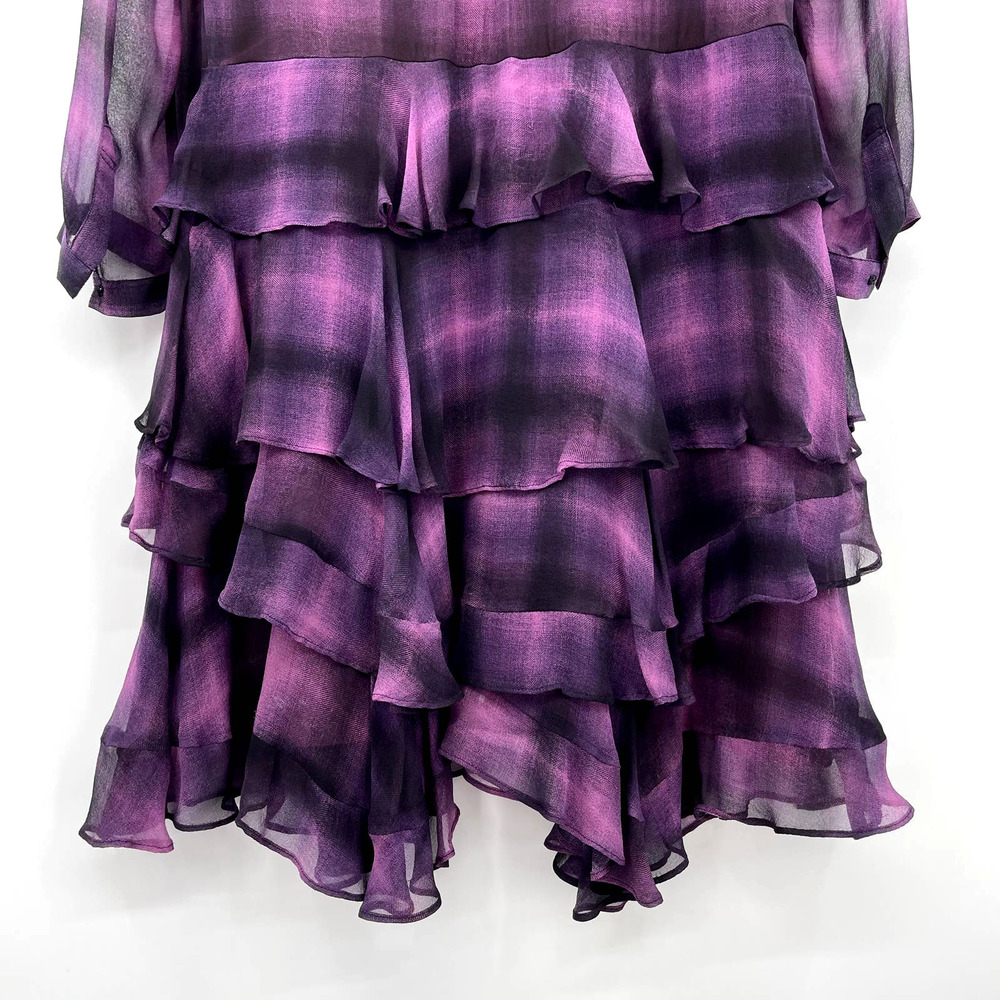 Rebecca Taylor Long Sleeve Plaid Ruffle Dress in Berry Size 2 Purple Black Sheer - Picture 15 of 16